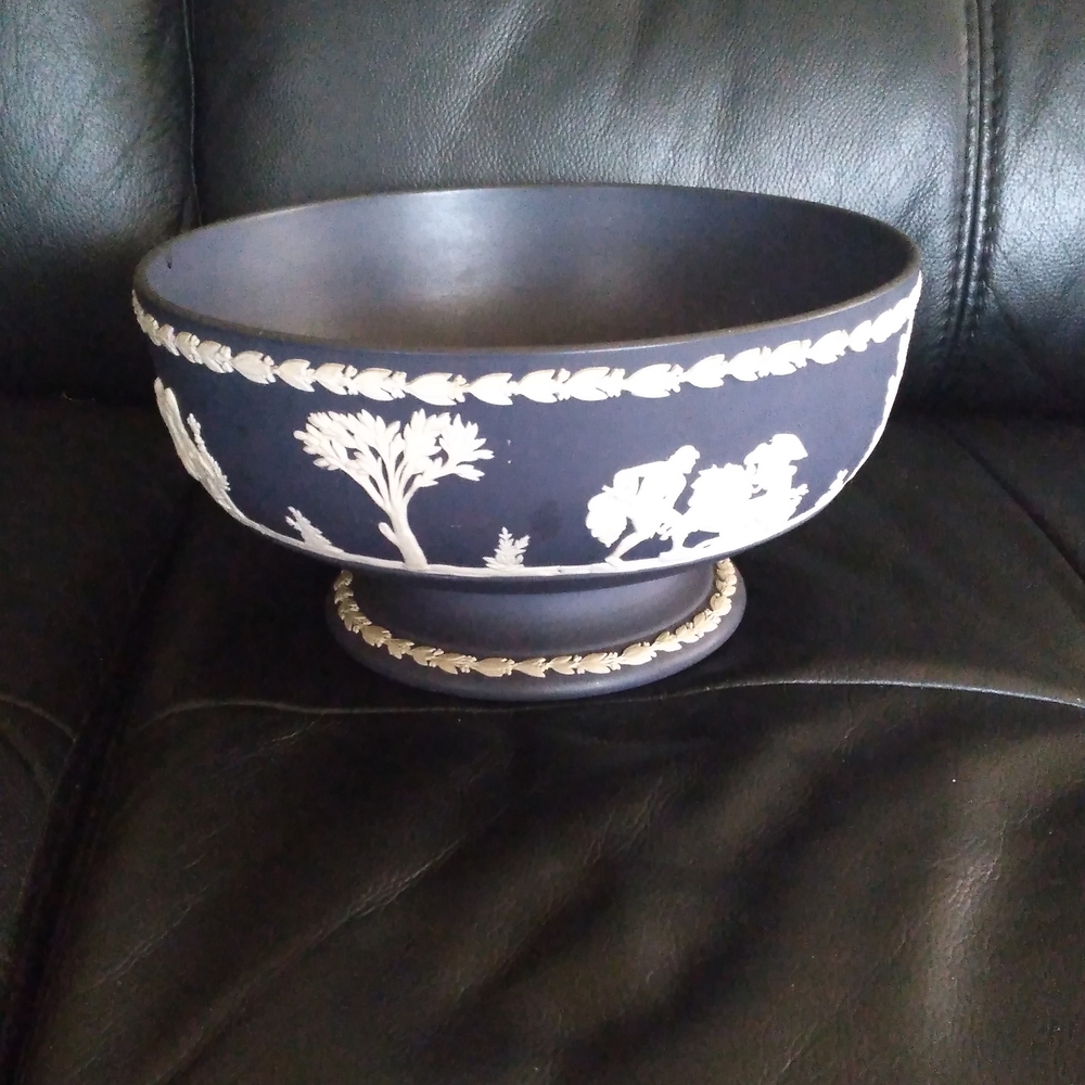 Navy Blue Jasperware Style Footed Bowl with White Relief